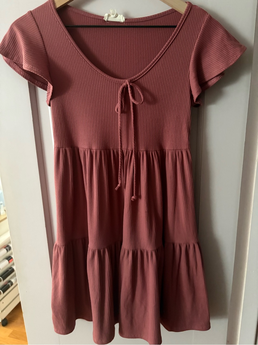 See You Monday Juniors Ribbed Tiered Tie-Front Dress - Dusty Rose